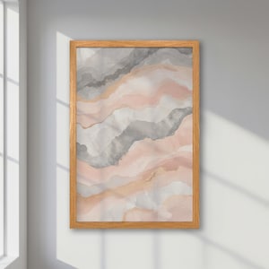Ondas pastel suaves: póster abstracto enmarcado, arte moderno en rosa y gris, obra de arte elegante, arte mural minimalista para decoración de dormitorio contemporáneo.