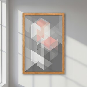 Póster abstracto enmarcado: arte geométrico pastel en tonos grises y rosados, impresión de estilo minimalista moderno, idea de regalo, decoración contemporánea y elegante.