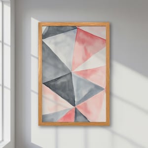 Póster abstracto enmarcado: arte geométrico de acuarela en gris pastel y rosa, impresión moderna en tonos suaves, decoración de pared moderna, regalo perfecto.