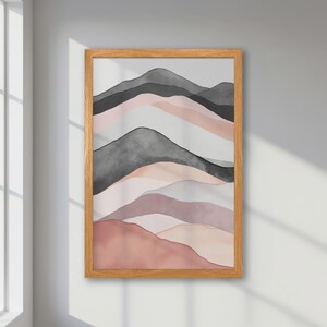 Paisaje montañoso en tonos pastel suaves en gris y rosa - Póster abstracto enmarcado - Impresión artística contemporánea - Obra minimalista para una decoración moderna