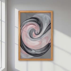 Póster abstracto enmarcado con fluido rosa y gris, arte neutro con suaves remolinos, elegancia minimalista para una elegante decoración de sala de estar, ideal para regalar.