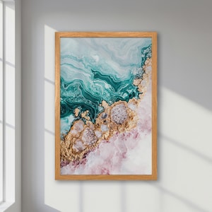 Póster abstracto enmarcado: arte fluido verde, dorado y rosa. Impresión elegante y vibrante. Obra de arte en tonos pastel. Impresión de estilo mármol chic. Regalo para decoración de oficina.
