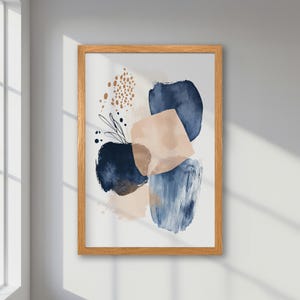 Póster abstracto enmarcado - Póster moderno en azul, rosa y beige - Arte de pared bohemio pastel - Arte minimalista elegante para decoración de oficina, regalo para ella