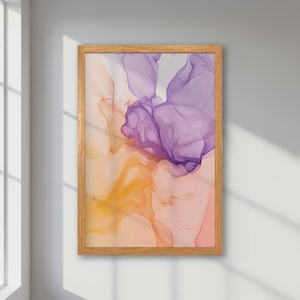 Arte fluido sereno: póster abstracto enmarcado, impresión minimalista en tonos pastel en morado, naranja y rosa. Obra de arte contemporánea, decoración para el hogar y la oficina.