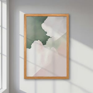 Póster abstracto enmarcado: decoración pastel nublada con tonos verdes, rosados y blancos. Impresión minimalista moderna. Regalo ideal para una inauguración de la casa.