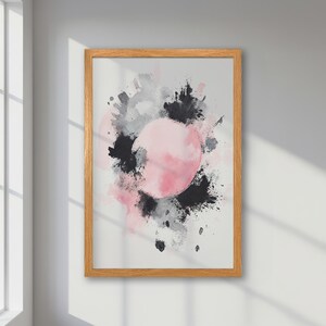 Póster abstracto enmarcado: impresión en acuarela rosa pastel y negro, decoración minimalista moderna, regalo artístico único, obra de arte para la oficina, arte mural moderno.