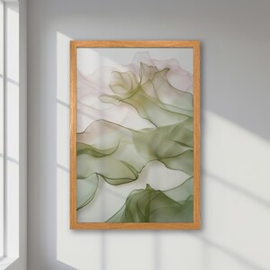 Póster abstracto enmarcado sereno - Arte minimalista en verde y rosa - Decoración relajante en tonos pastel para una sala de estar contemporánea, regalo de inauguración de la casa