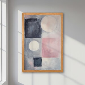 Póster abstracto geométrico moderno enmarcado, arte en gris pastel suave y rosa, impresión contemporánea, decoración minimalista de oficina y idea de regalo.