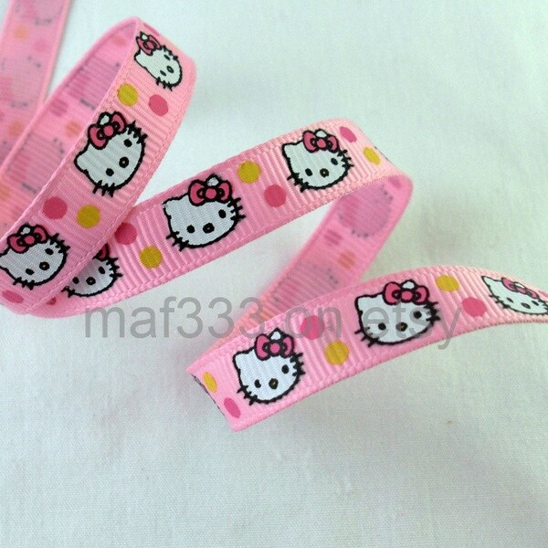3 Yards 3/8" Fun Kitty on Pink Grosgrain Ribbon