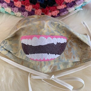 cheeky Big mouth with teeth laughing embroidered adult face mask, washable face mask, cotton mask, mask with ties, protective mask image 8