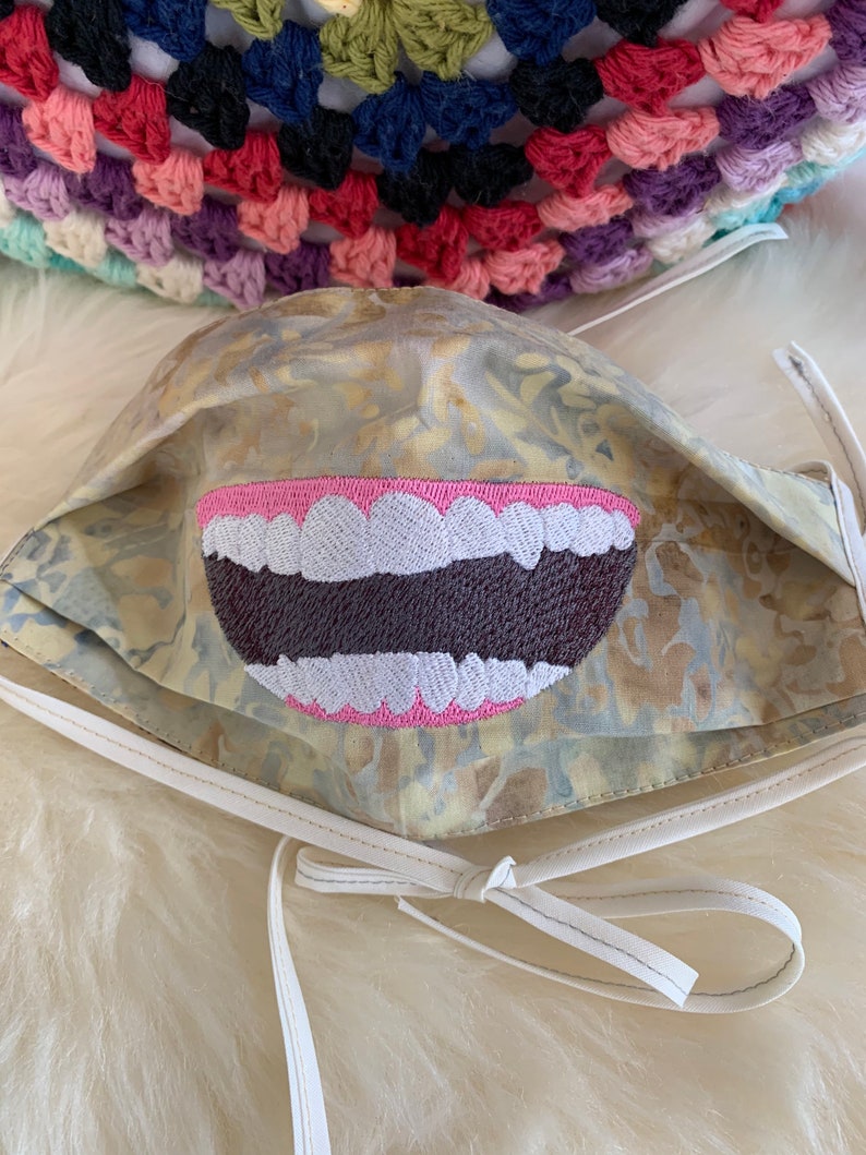 cheeky Big mouth with teeth laughing embroidered adult face mask, washable face mask, cotton mask, mask with ties, protective mask image 8