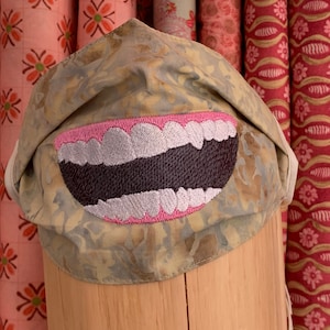 cheeky Big mouth with teeth laughing embroidered adult face mask, washable face mask, cotton mask, mask with ties, protective mask image 1