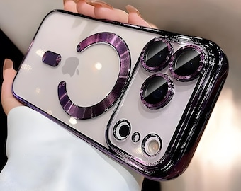 May include: Clear phone case with a purple metallic frame and accents. The case features a camera lens protector and a decorative purple 'C' shape. The case is designed to fit a smartphone.