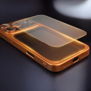 May include: A gold-colored phone case with a clear screen protector. The case has cutouts for the camera and ports. The screen protector is slightly lifted, showing the phone case underneath. The case is made of a shiny material.