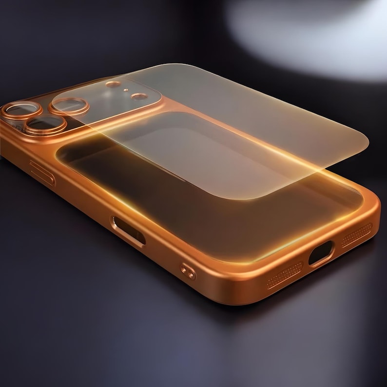 May include: A gold-colored phone case with a clear screen protector. The case has cutouts for the camera and ports. The screen protector is slightly lifted, showing the phone case underneath. The case is made of a shiny material.