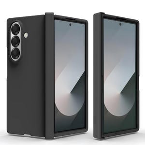 May include: A black smartphone case with a triple-lens camera and a sleek, modern design. The case is shown in two positions, open and closed, highlighting its protective features and form factor.