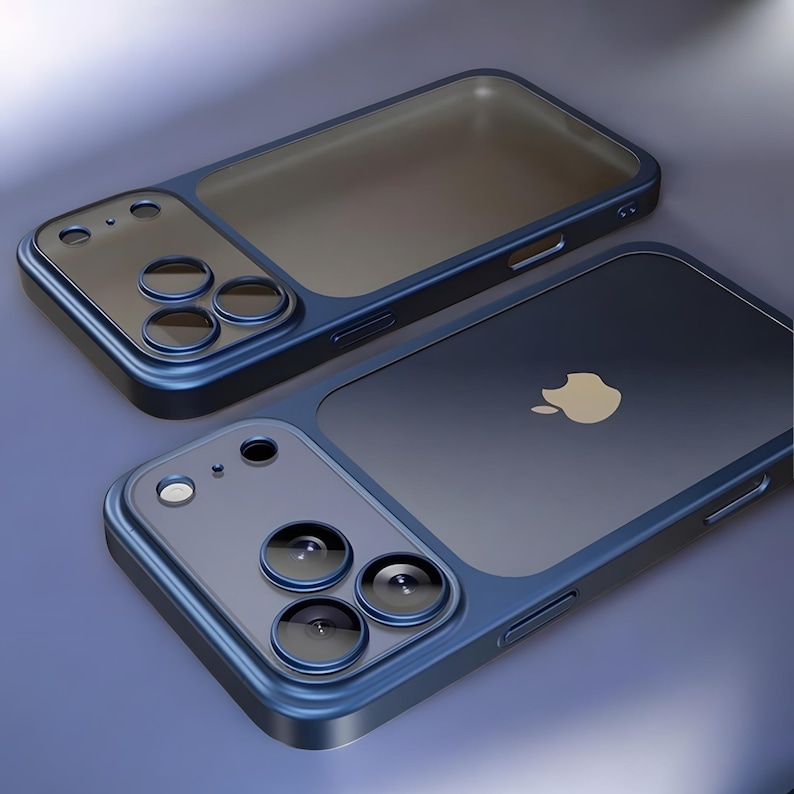 May include: Two blue phone cases with a transparent back and camera lens cutouts. The cases have a metallic blue frame and a gold-colored apple logo on the back. The camera lens cutouts are black.