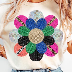 PNG de flores de primavera en patchwork, descarga digital de Pascua, camisa shabby chic, sublimación y DTF, purpurina completa de lujo