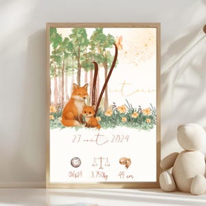 Personalized fox birth poster to print – First name, initial, weight, height, time – Baby girl or boy room decor