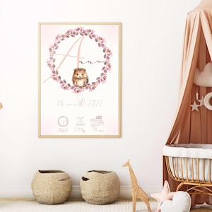 Pôster de nascimento de ouriço personalizado - Inicial, nome, peso, altura e hora - Decoração de quarto de bebê menina - para imprimir