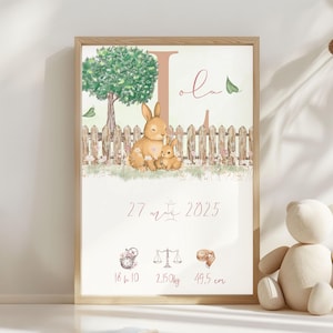 Personalized Rabbit Poster to Print – First Name, Initial, Weight, Height, Time – Baby Girl or Boy Room Decor