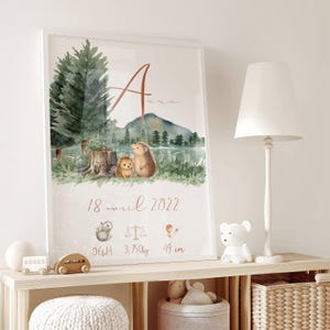 Personalized hedgehog birth poster - Initial, first name, weight, height and time - Baby room decoration - to print