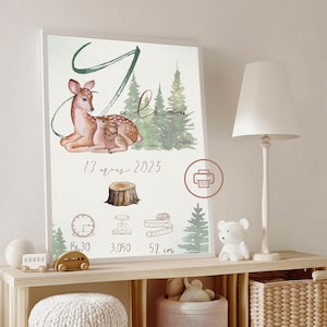 Pôster de nascimento de corça personalizado para imprimir – Nome, inicial, peso, altura, hora – Decoração de quarto de bebê menina ou menino