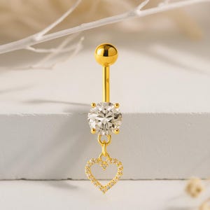 Ring Bauchnabelpiercing • Chirurgenstahl • Baumelndes Herz Zirkonia • eleganter Bauchnabelschmuck • Barbell aufgefädelt