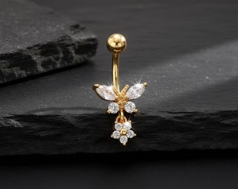 Butterfly Navel Ring • Titanium Bar • Elegant Belly Piercing • Dainty Jewelry Style • CZ Dangle Charm