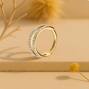 Double Zircon Hoop – Titanium Clicker for Conch, Daith, Rook, Tragus & Nose Piercing | Hinged Cartilage and Helix Hoop for Women