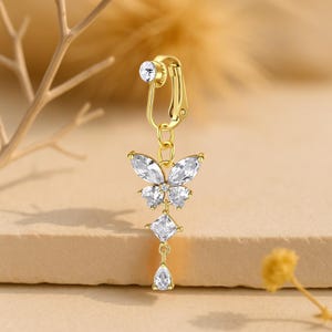 Fake Butterfly Belly Ring • Non-Piercing Navel Jewelry • Clip-On Belly Button Ring • CZ Dangle Charm • Adjustable Fit • Gift for Her