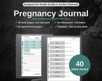 Könnte beinhalten: Ein digitales Schwangerschaftstagebuch für Kindle Scribe und Scribe Colorsoft. Die Benutzeroberfläche zeigt einen Hub mit Navigationsreitern für Wochen, Meilensteine, Termine und Briefe. Es enthält 40 Wochenseiten und 20 Terminseiten.