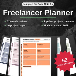 以下が含まれることがあります： Boox Note Air用のデジタルプランナー「Freelancer Planner」。52週間のレビュー、16のプロジェクトページ、パイプライン、プロジェクト、請求書のセクションが含まれています。インターフェースには、オレンジ、青、ピンクのタブ付きページとテキストが表示されています。