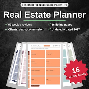 Può includere: Un pianificatore immobiliare digitale progettato per reMarkable Paper Pro con 52 revisioni settimanali, 16 pagine di annunci e sezioni per clienti, affari e commissioni. Include opzioni non datate e datate per il 2027 con interfaccia a schede.