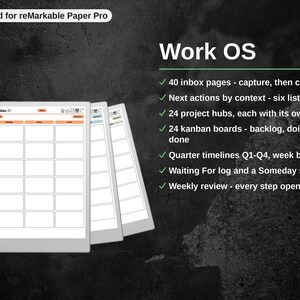 Kanban board page shown across a fan of tablets beside a checklist of everything the Work OS pack includes