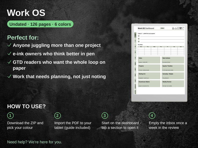 Closing card listing who the Work OS pack suits and the four steps to start using it