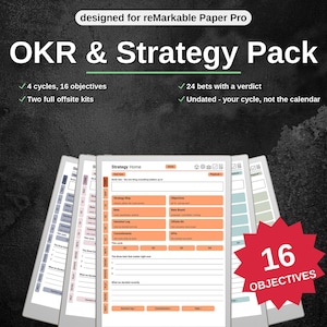 OKR & Strategy Pack for reMarkable Paper Pro | 16 Objectives, 24 Bets, 12 Decision Records | Undated Hyperlinked PDF