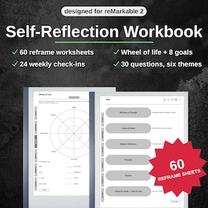 Könnte beinhalten: Ein digitales Selbstreflexions-Arbeitsbuch für reMarkable 2 Tablets. Die Benutzeroberfläche zeigt ein Lebensrad-Diagramm und ein Hub-Menü mit Abschnitten für Gedanken-Reframing, Werte, Ziele und wöchentliche Reflexionen mit 60 Reframing-Blättern.