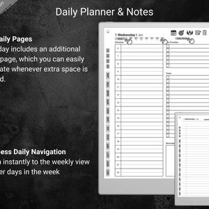 A Warm Gray Edition daily planner displayed on a digital tablet, featuring 365 daily pages and an additional notes page for each day. The background is dark and textured. Text highlights the ability to duplicate notes pages as needed and quickly navigate back to the weekly view or other days.