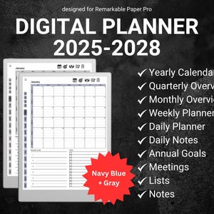 Minimalist Digital Planner Blue reMarkable Paper Pro 2025 2026 2027 2028 Templates reMarkable 2 RMPP Planner Organization Sunday AMPM ML