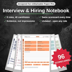 May include: A digital Interview & Hiring Notebook designed for reMarkable Paper Pro. The interface features a Hiring Home dashboard with orange sections for roles, candidates, and scorecards. A red starburst graphic displays the text 96 SCORECARDS.