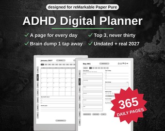 ADHD Digital Planner for reMarkable Paper Pure | 459 Pages, a Page for Every Day | Undated + 2027 | Time Blocking, Hyperlinked PDF