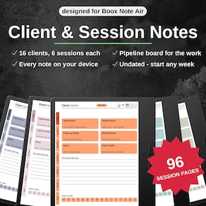 Op de afbeelding: Een digitale planner voor Boox Note Air getiteld Client & Session Notes. Het bevat een Client Home dashboard met oranje secties voor Client Roster, Pipeline Board, Follow-up Rollup, Weekly Review, Notes en Client Toolkit, inclusief 96 sessiepagina's.