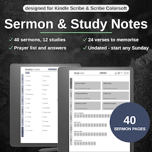 以下が含まれることがあります： Kindle ScribeおよびScribe Colorsoft向けに設計されたデジタル説教・学習ノートプランナー。40ページの説教ページ、12の学習項目、暗記用24節、祈りのリスト、聖書の書名チェックボックス付きの未日付読書トラッカーが含まれています。