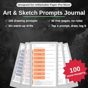Puede incluir: Un diario de sugerencias artísticas y bocetos diseñado para reMarkable Paper Pro Move. La interfaz digital muestra 100 sugerencias de dibujo, seis ejercicios de calentamiento y 40 páginas libres. Un gráfico de estrella roja resalta las 100 sugerencias.