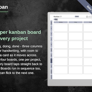 Kanban board page with backlog, doing and done columns sized for handwriting