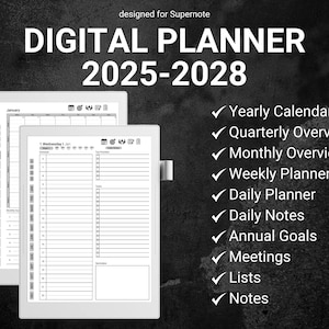 Può includere: Planner digitale per il 2025-2028, progettato per Supernote. L'immagine mostra due tablet digitali che mostrano un calendario annuale e un layout di pianificazione giornaliera. Include panoramiche annuali, trimestrali e mensili, oltre a pianificazione settimanale e giornaliera, note e obiettivi.
