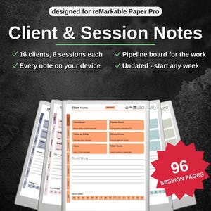 Könnte beinhalten: Ein digitaler Planer für reMarkable Paper Pro mit dem Titel Client & Session Notes. Er enthält ein Client Home Dashboard mit Abschnitten für Client Roster, Pipeline Board, Follow-up Rollup, Weekly Review, Notes und Client Toolkit sowie 96 Sitzungsseiten.