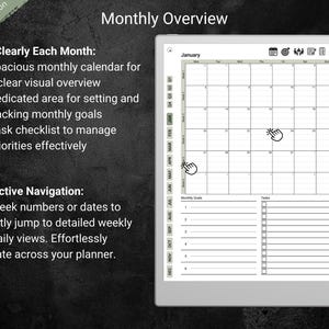 A digital planner’s monthly overview for the Dusty Olive Edition displayed on a tablet. The calendar grid occupies most of the page, with sections for monthly goals and tasks below. On the left, text highlights a spacious layout, dedicated goal-setting, and a task checklist. Interactive navigation allows tapping week numbers or dates to jump to weekly or daily pages. The background is dark and textured.