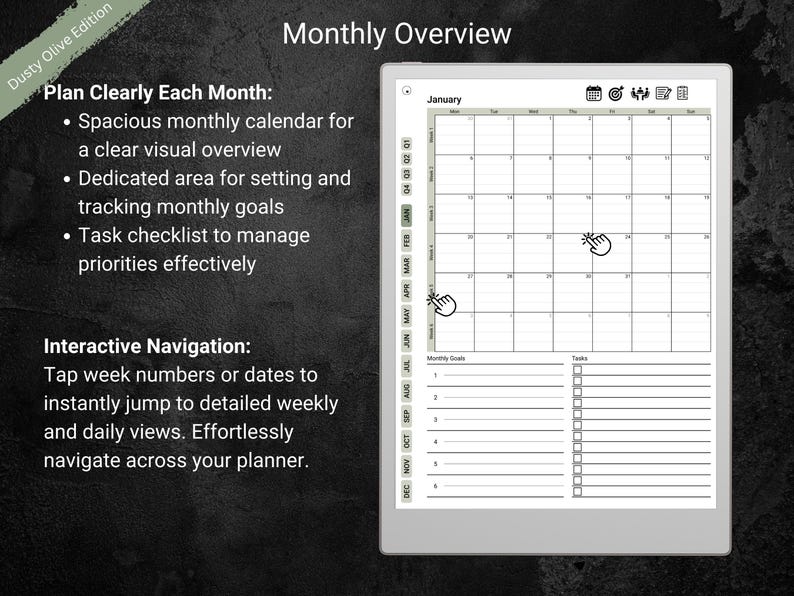 A digital planner’s monthly overview for the Dusty Olive Edition displayed on a tablet. The calendar grid occupies most of the page, with sections for monthly goals and tasks below. On the left, text highlights a spacious layout, dedicated goal-setting, and a task checklist. Interactive navigation allows tapping week numbers or dates to jump to weekly or daily pages. The background is dark and textured.